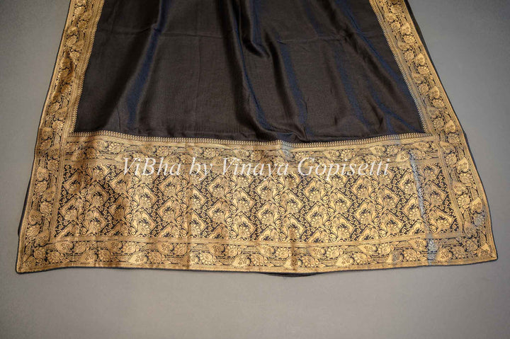 Black Banarasi Silk Saree And Blouse With Gold Zari Borders