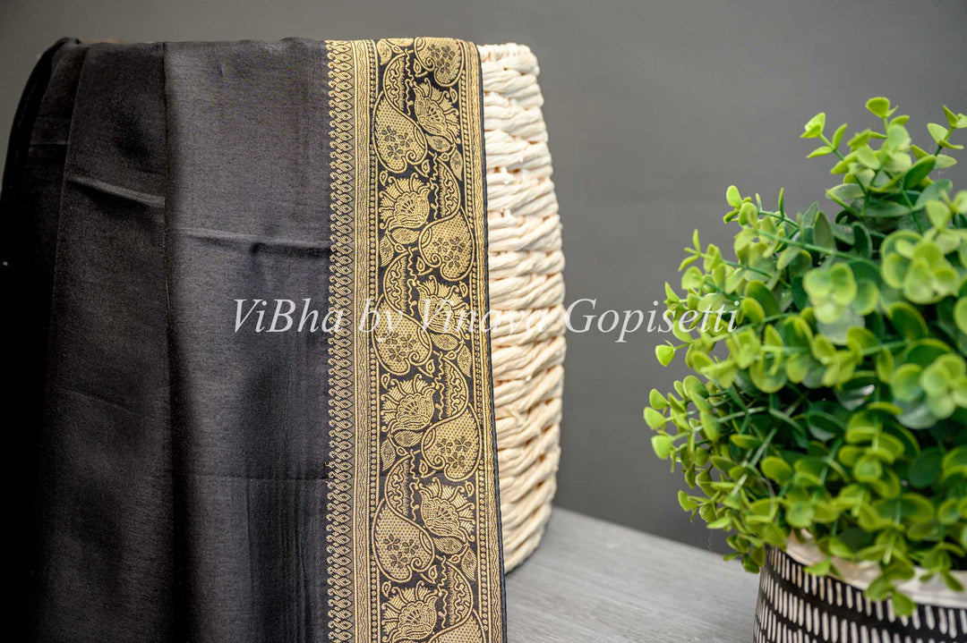 Black Banarasi Silk Saree And Blouse With Gold Zari Borders