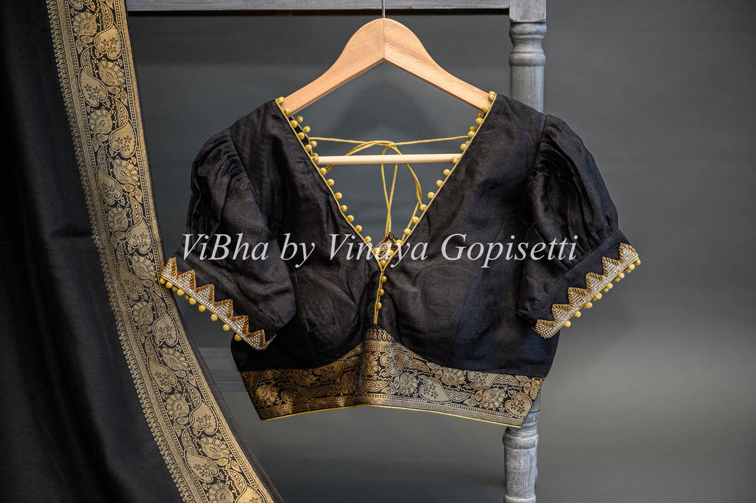 Black Banarasi Silk Saree And Blouse With Gold Zari Borders