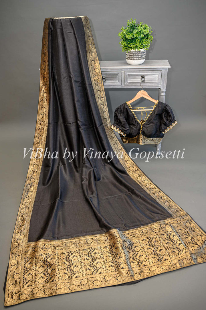 Black Banarasi Silk Saree And Blouse With Gold Zari Borders