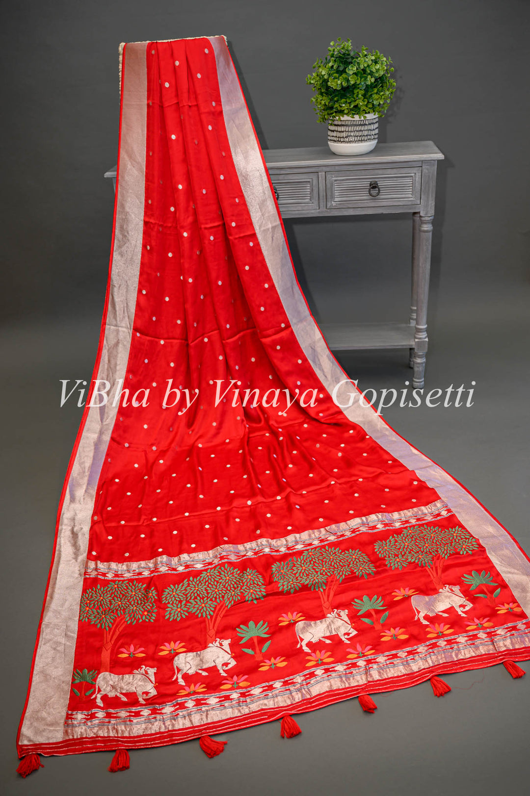 Red Banarasi Silk Saree With Pichwai Pallu and Blouse