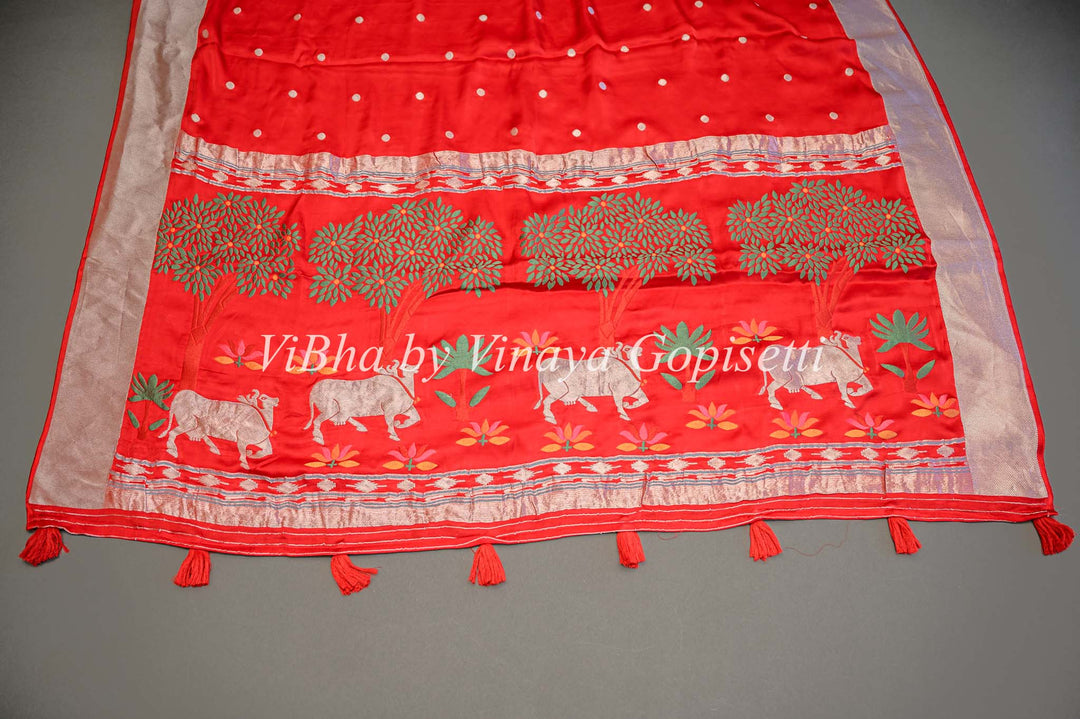 Red Banarasi Silk Saree With Pichwai Pallu and Blouse