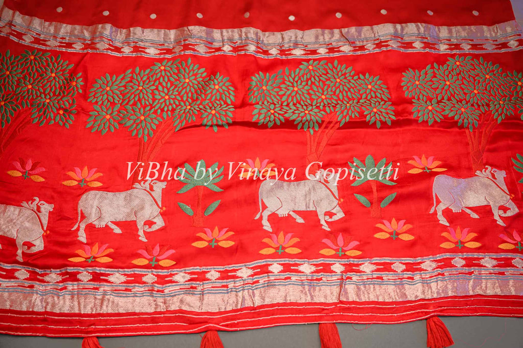 Red Banarasi Silk Saree With Pichwai Pallu and Blouse