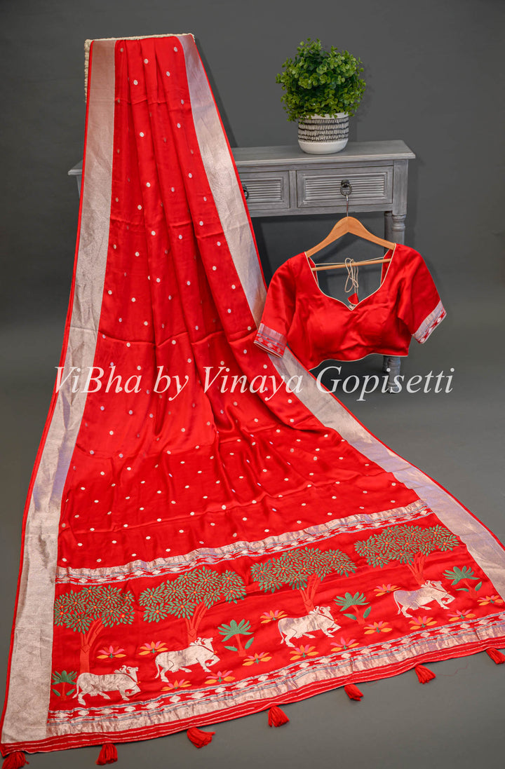 Red Banarasi Silk Saree With Pichwai Pallu and Blouse