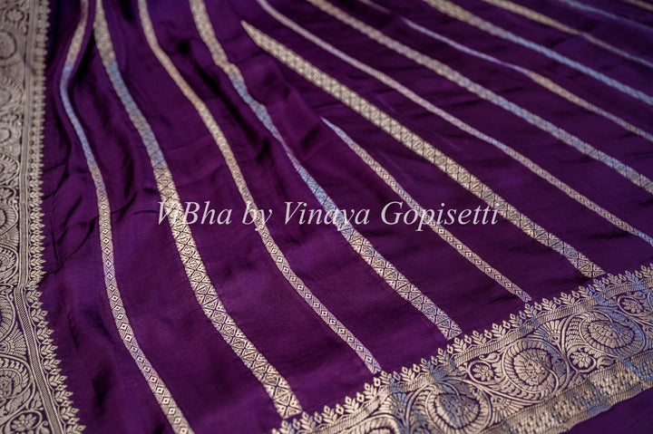 Purple Banarasi Silk Saree With Lines Zari And Pichwai Pallu With Blouse