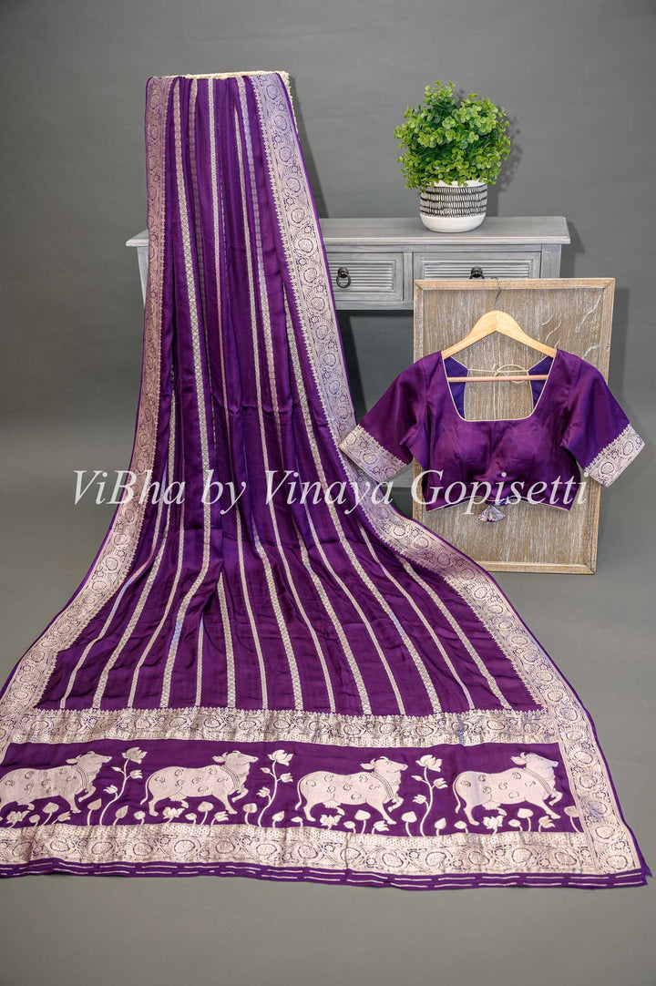 Purple Banarasi Silk Saree With Lines Zari And Pichwai Pallu With Blouse