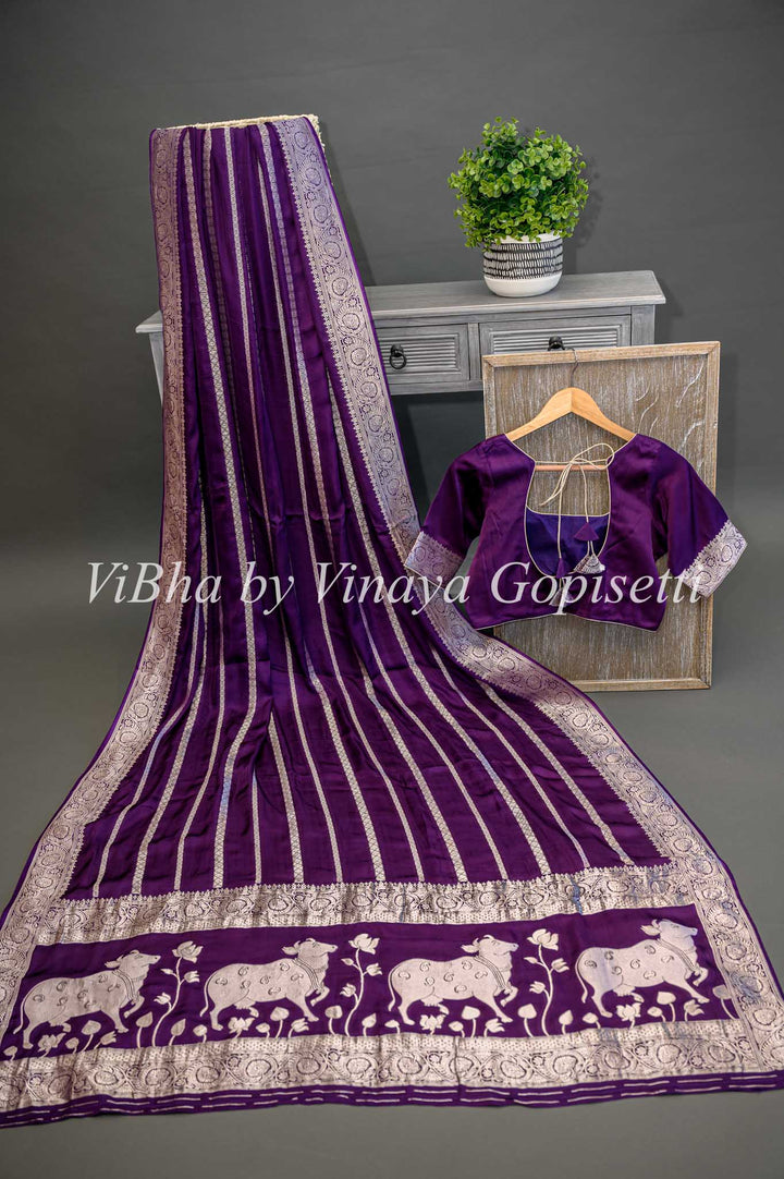 Purple Banarasi Silk Saree With Lines Zari And Pichwai Pallu With Blouse