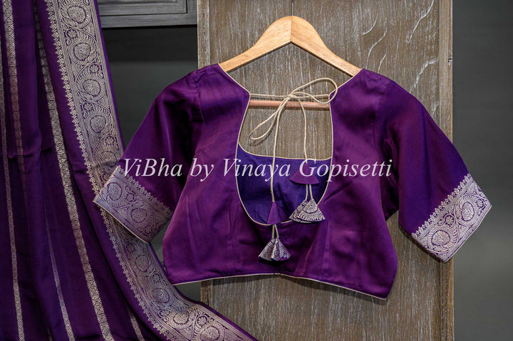 Purple Banarasi Silk Saree With Lines Zari And Pichwai Pallu With Blouse