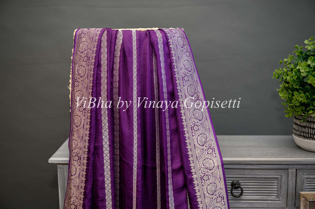 Purple Banarasi Silk Saree With Lines Zari And Pichwai Pallu With Blouse