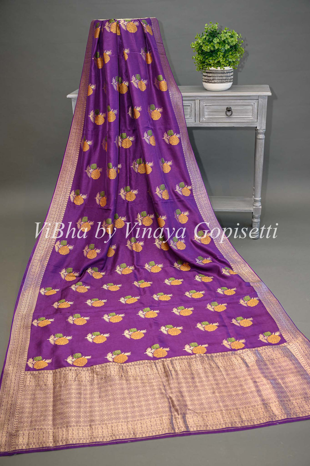 Purple Banarasi Silk Saree And Blouse With Floral Motifs