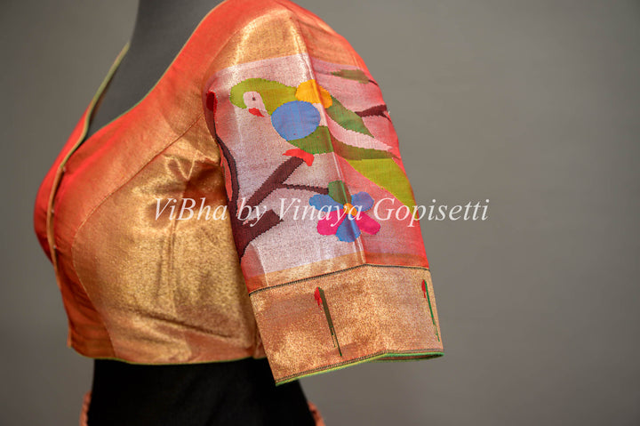 Orange Gold Paithani Silk Blouse