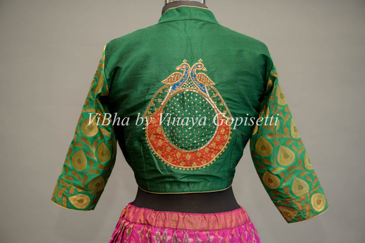 Green hand painted blouse with embroidery and benares brocade sleeves