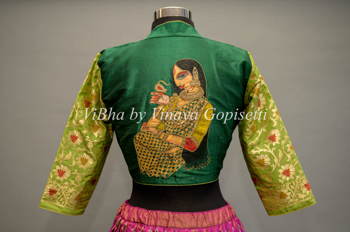 Green hand painted blouse with embroidery and benares brocade sleeves