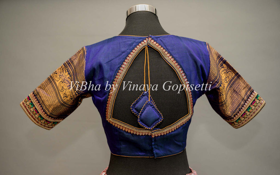 Royal Blue Gadwal Silk Blouse with embroidered sleeves and back.