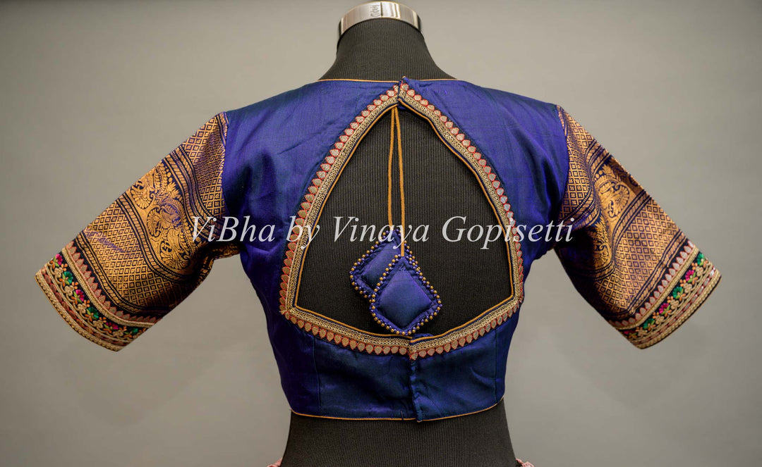 Royal Blue Gadwal Silk Blouse with embroidered sleeves and back.