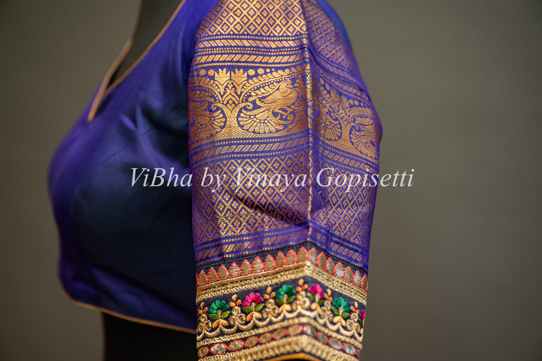 Royal Blue Gadwal Silk Blouse with embroidered sleeves and back.