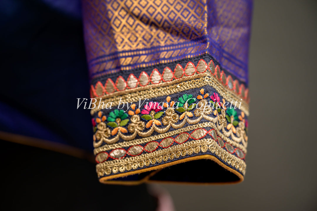 Royal Blue Gadwal Silk Blouse with embroidered sleeves and back.