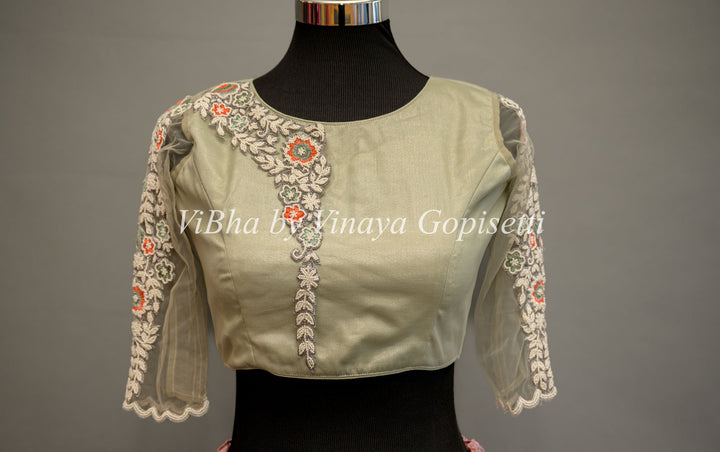 Sage Green Pearl Embroidered Blouse