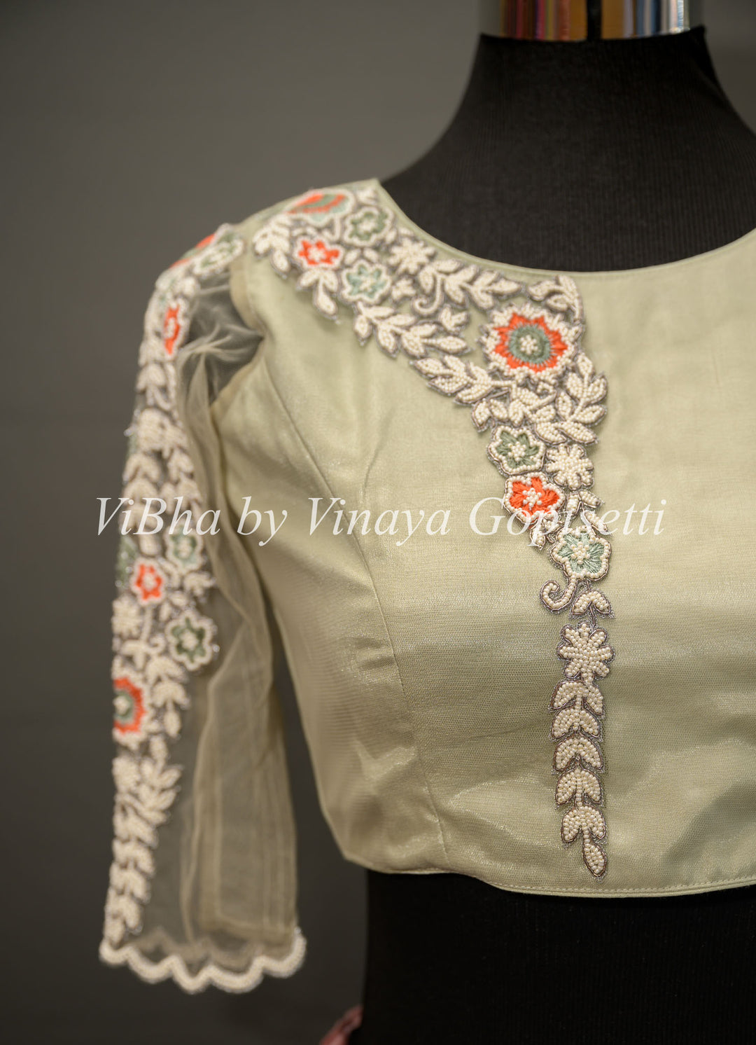 Sage Green Pearl Embroidered Blouse