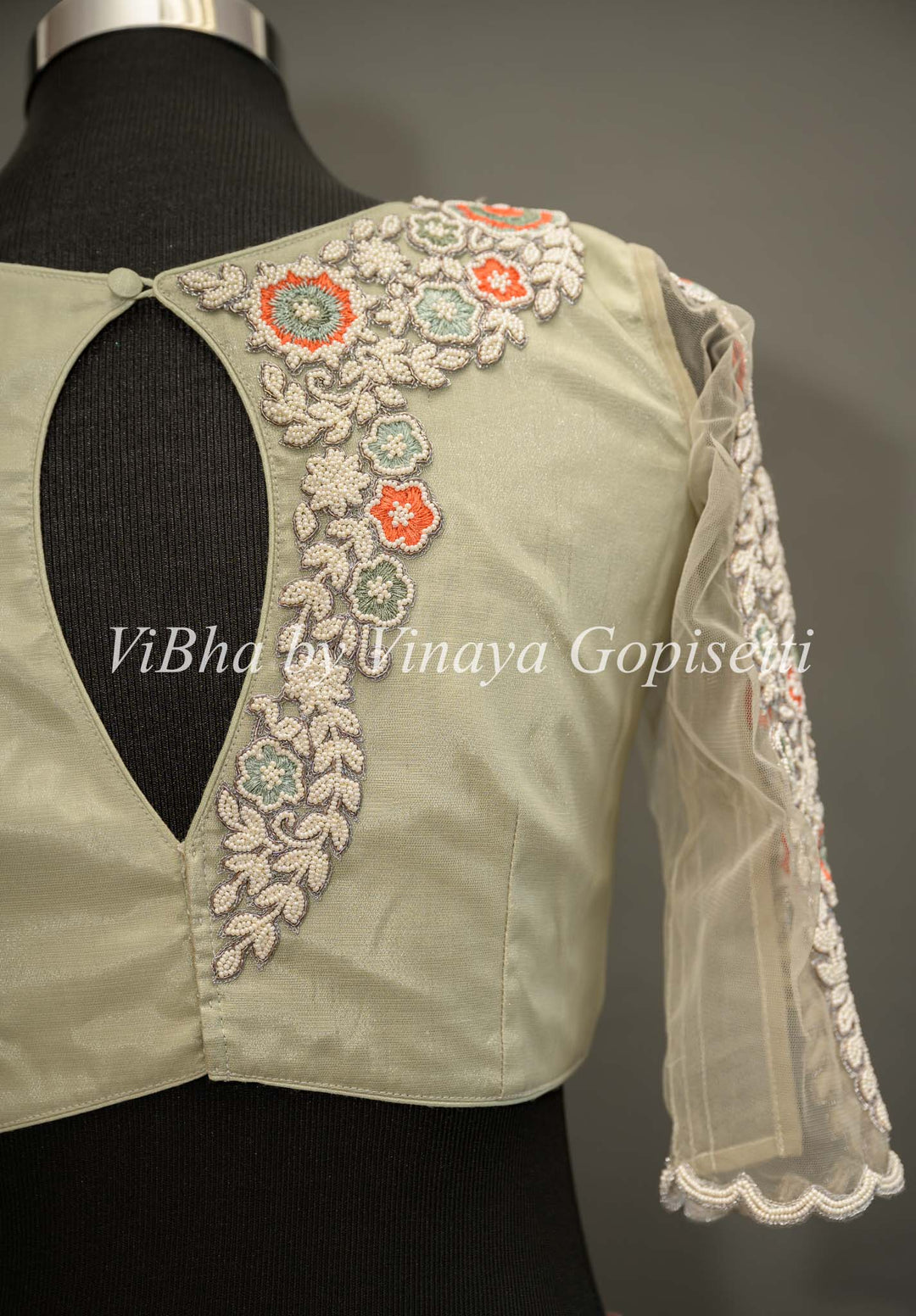 Sage Green Pearl Embroidered Blouse