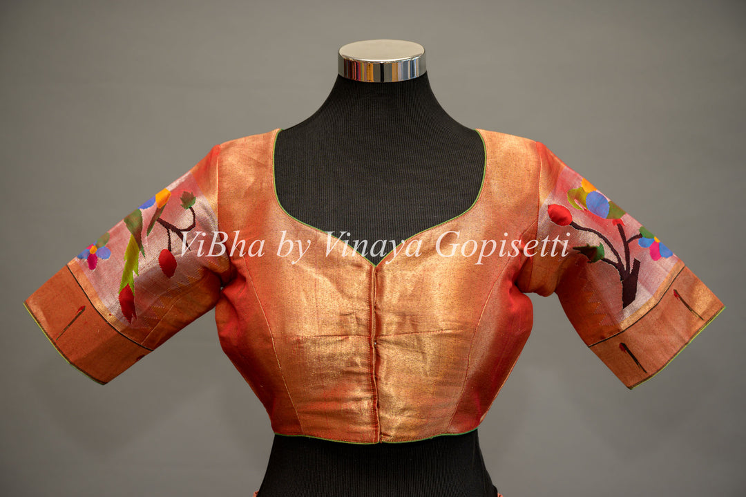 Orange Gold Paithani Silk Blouse