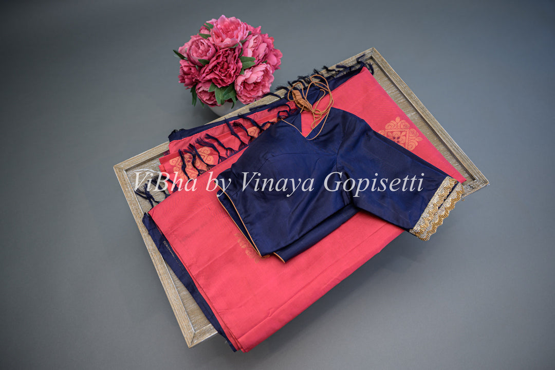 Dark Pink and Blue Kanchi Soft Silk Saree and Blouse