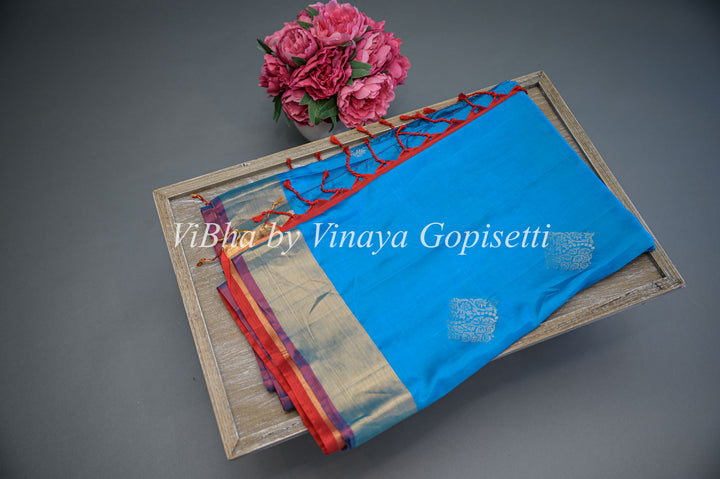 Blue and Red Kanchi Soft Silk Saree and Blouse