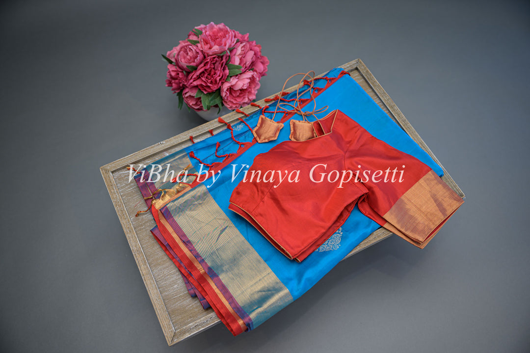 Blue and Red Kanchi Soft Silk Saree and Blouse