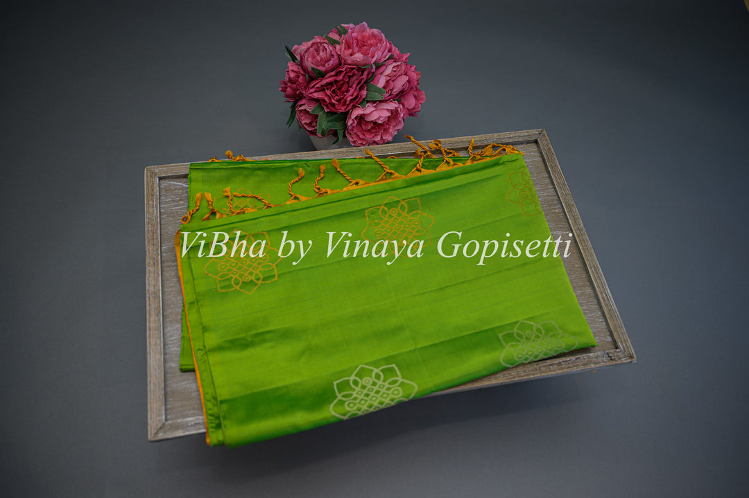 Lime Green and Mustard Yellow Kanchi Soft Silk Saree and Blouse