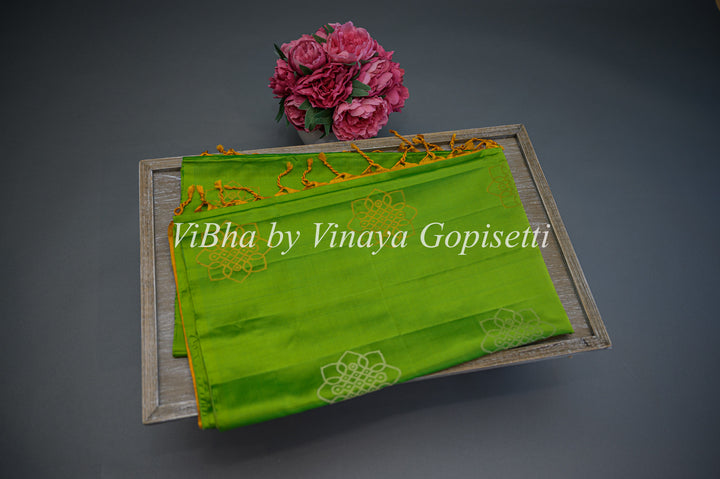 Lime Green and Mustard Yellow Kanchi Soft Silk Saree and Blouse