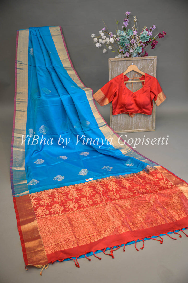 Blue and Red Kanchi Soft Silk Saree and Blouse