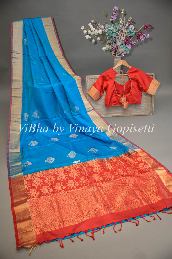 Blue and Red Kanchi Soft Silk Saree and Blouse