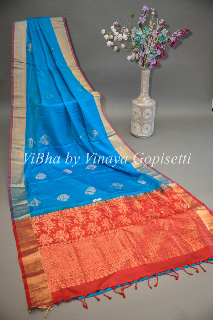 Blue and Red Kanchi Soft Silk Saree and Blouse