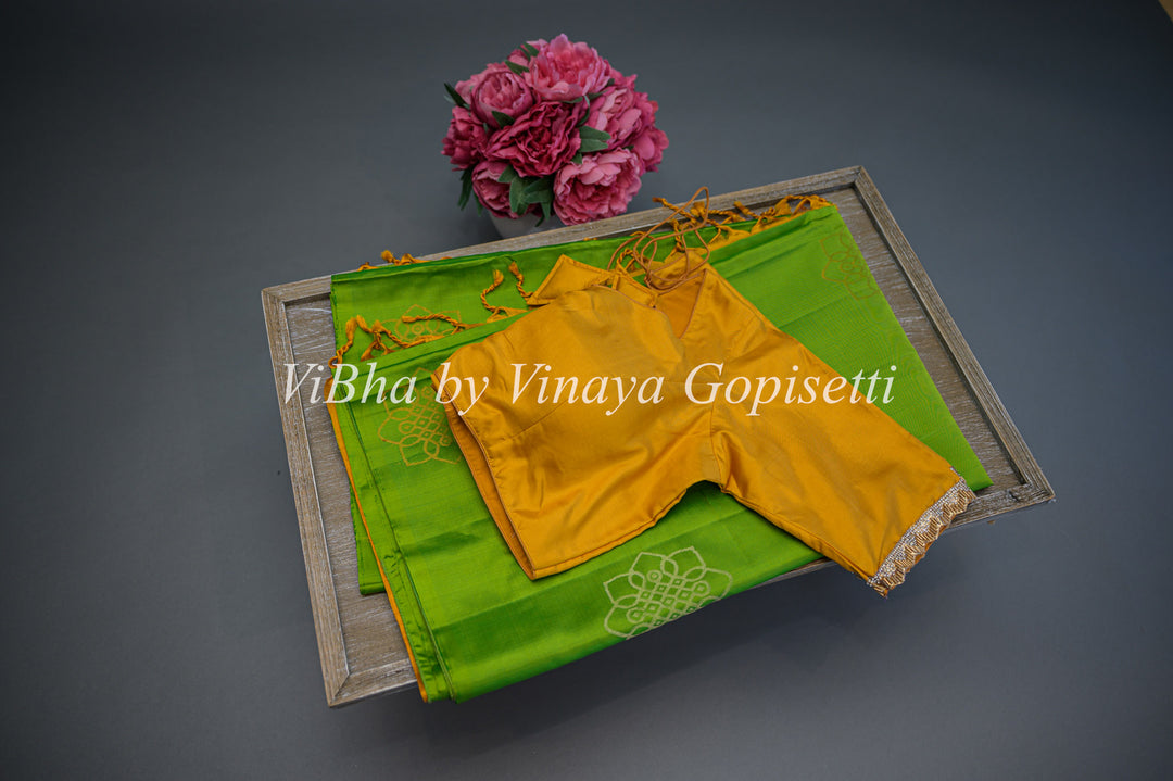 Lime Green and Mustard Yellow Kanchi Soft Silk Saree and Blouse