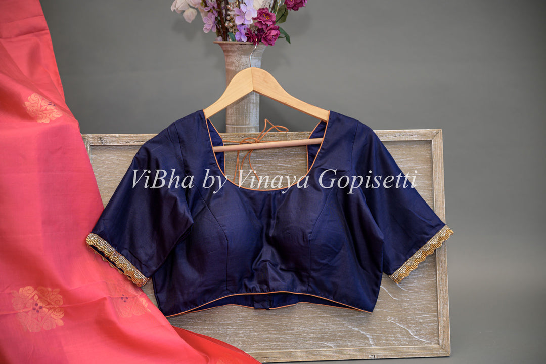 Dark Pink and Blue Kanchi Soft Silk Saree and Blouse