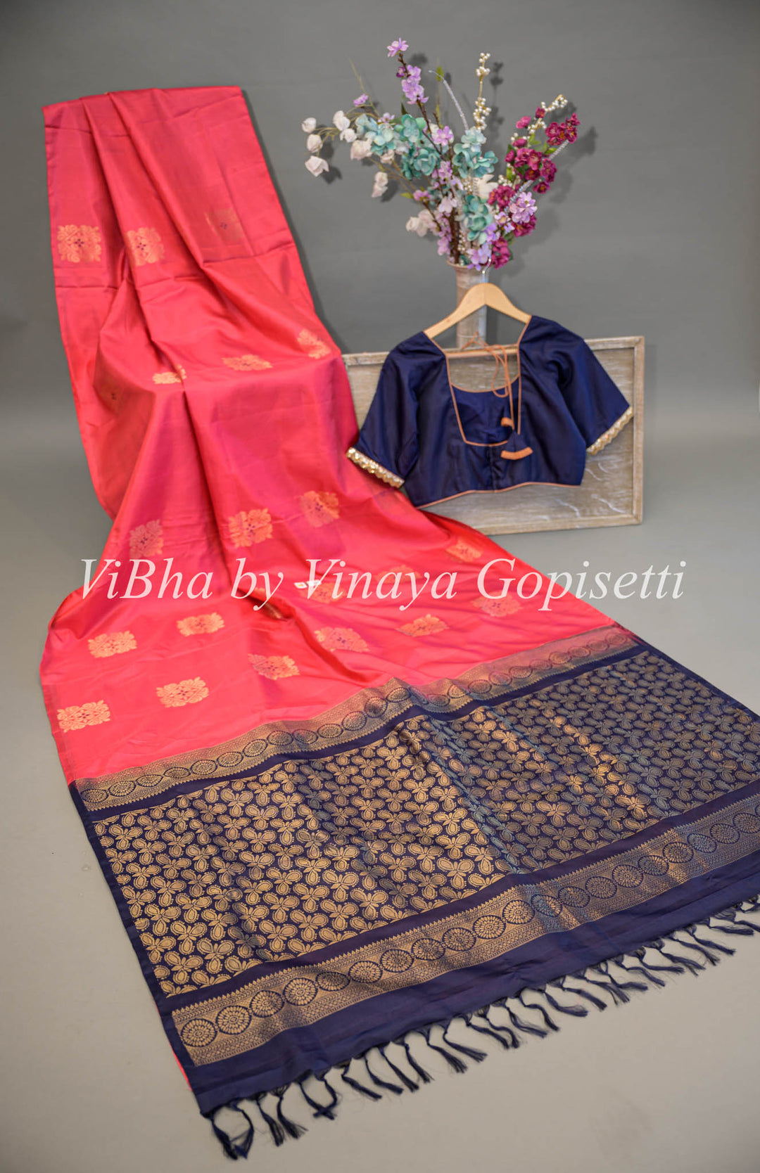 Dark Pink and Blue Kanchi Soft Silk Saree and Blouse