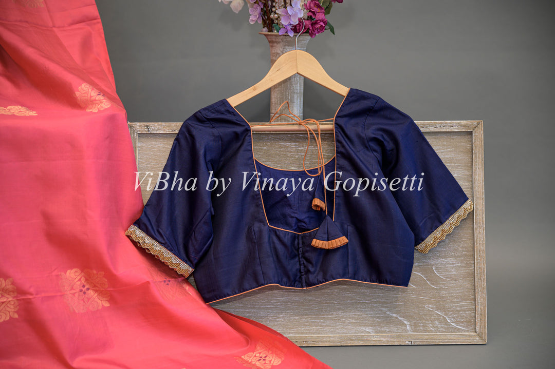 Dark Pink and Blue Kanchi Soft Silk Saree and Blouse