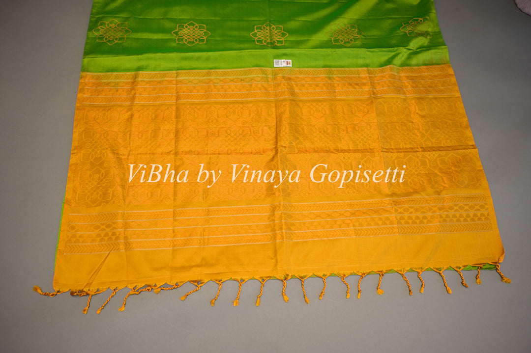 Lime Green and Mustard Yellow Kanchi Soft Silk Saree and Blouse