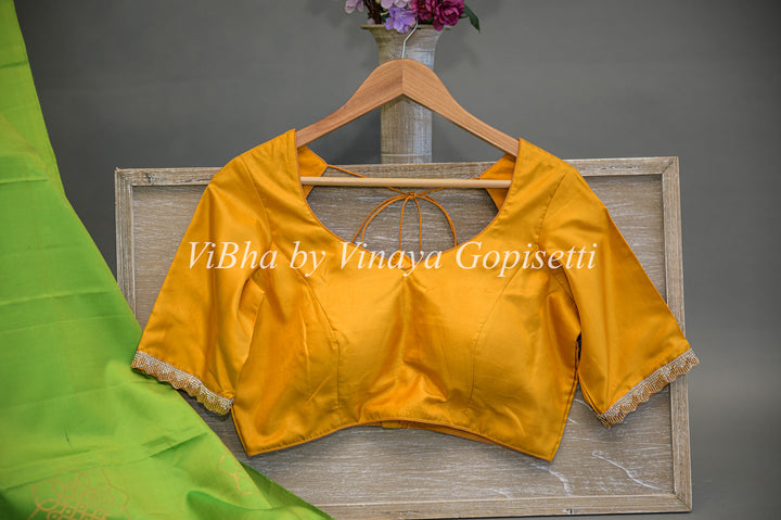 Lime Green and Mustard Yellow Kanchi Soft Silk Saree and Blouse