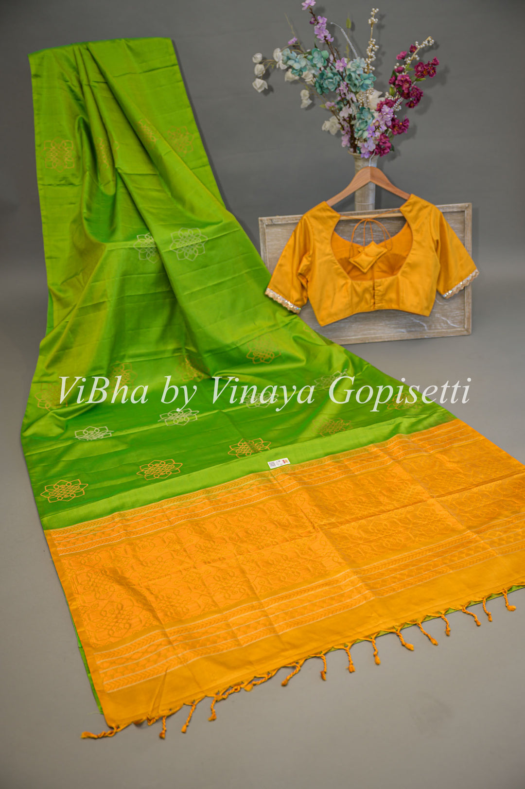 Lime Green and Mustard Yellow Kanchi Soft Silk Saree and Blouse