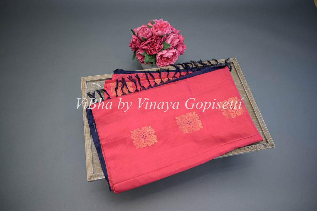 Dark Pink and Blue Kanchi Soft Silk Saree and Blouse