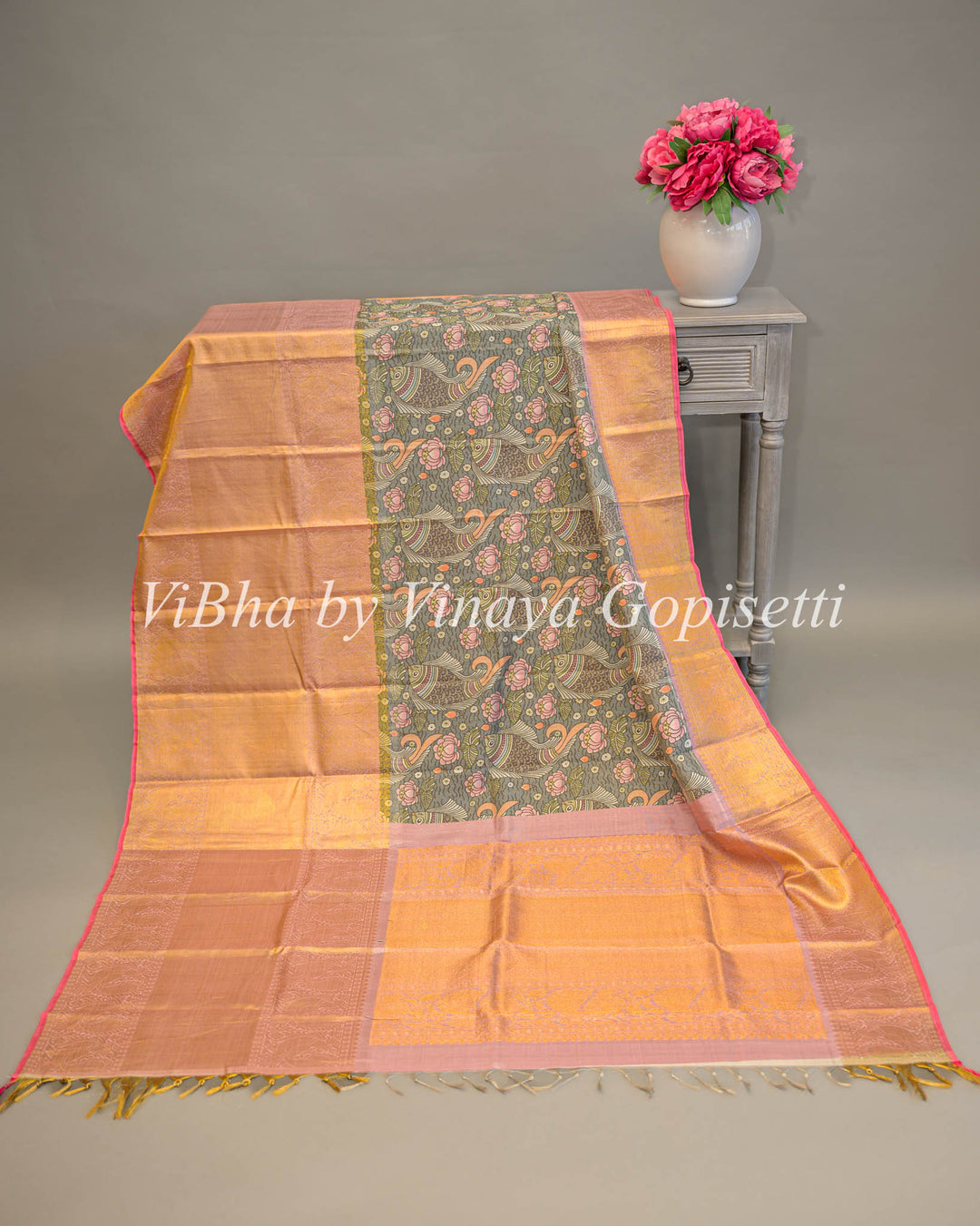 Pink and Grey Kanchi Kalamkari Silk Dupatta