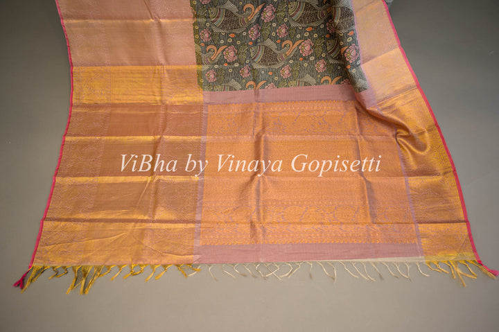 Pink and Grey Kanchi Kalamkari Silk Dupatta