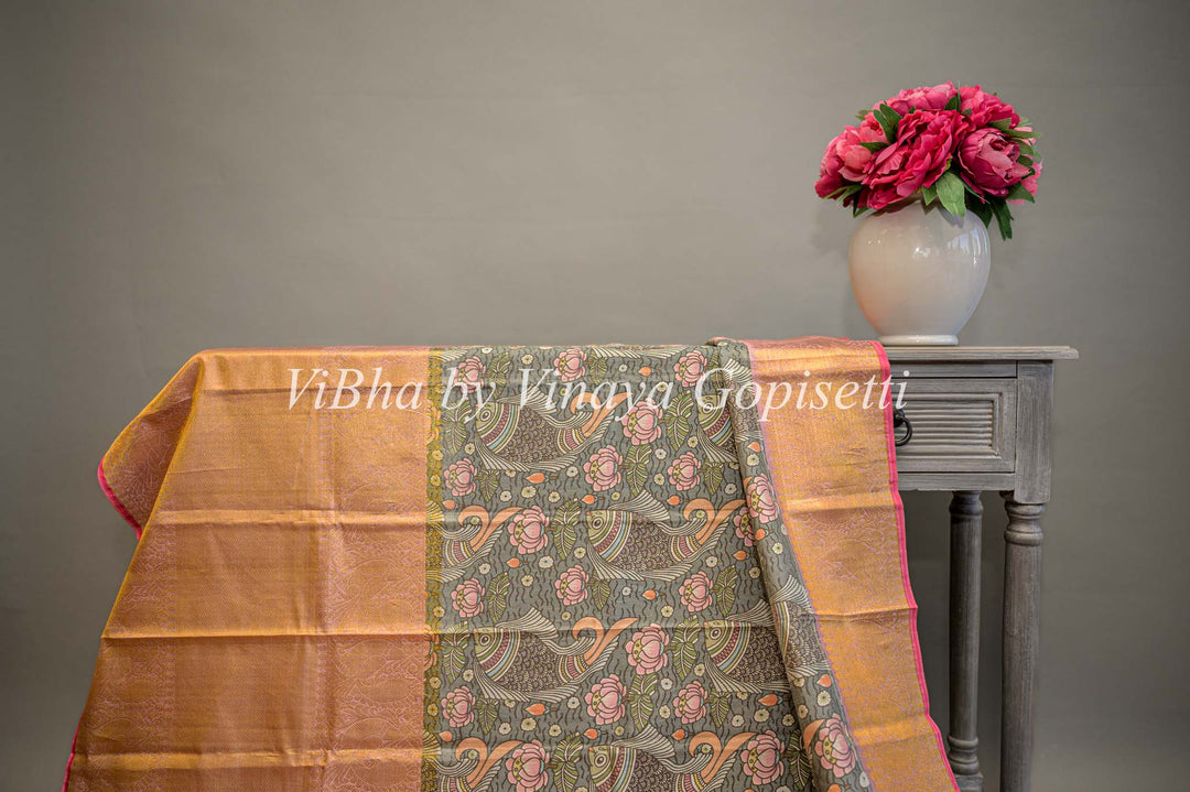 Pink and Grey Kanchi Kalamkari Silk Dupatta