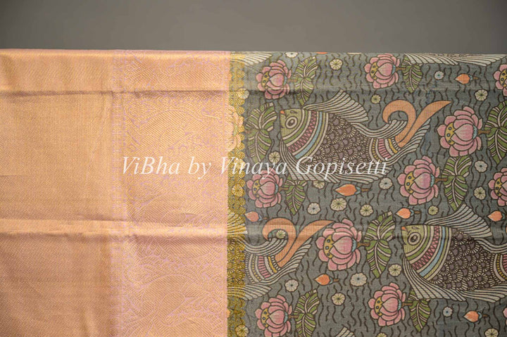 Pink and Grey Kanchi Kalamkari Silk Dupatta