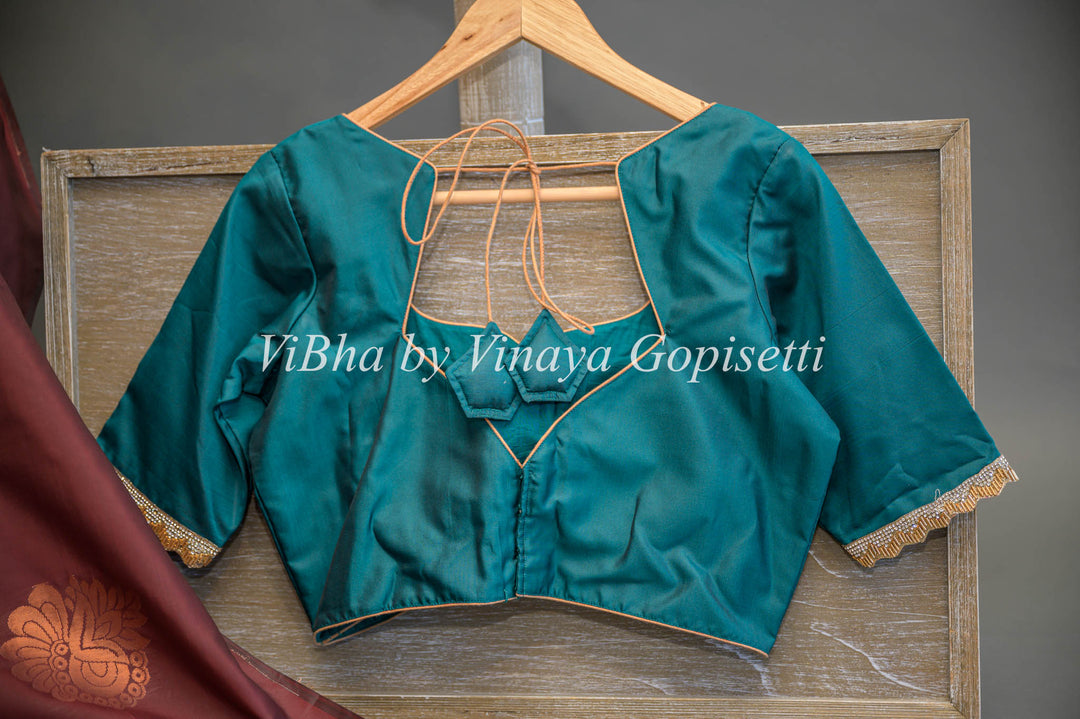 Brown and Dark Teal Copper Zari Kanchi Soft Silk Saree and Blouse