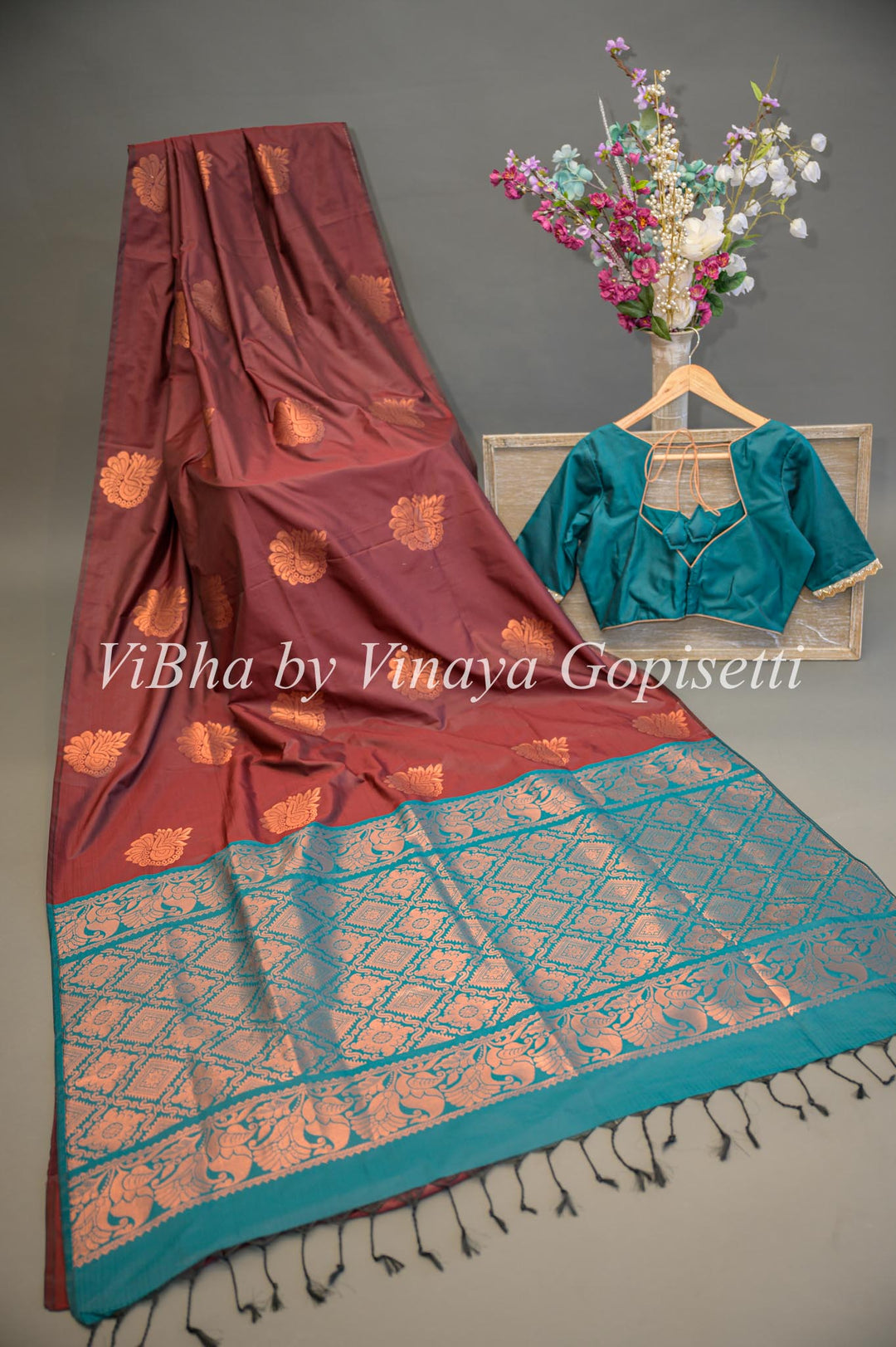 Brown and Dark Teal Copper Zari Kanchi Soft Silk Saree and Blouse