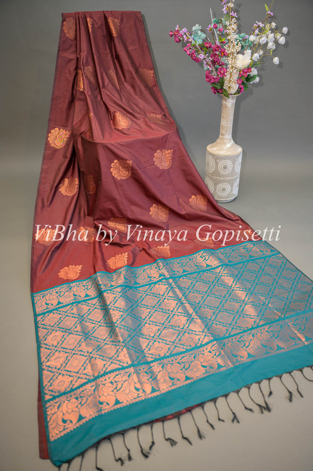 Brown and Dark Teal Copper Zari Kanchi Soft Silk Saree and Blouse