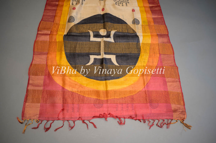 Beige and Orange Tussar Silk Saree and Blouse With Script Print