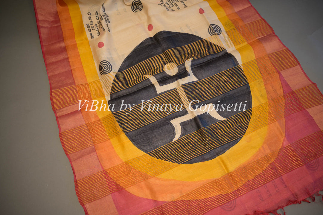 Beige and Orange Tussar Silk Saree and Blouse With Script Print